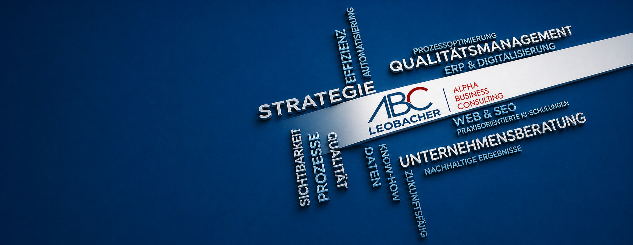 Leistungsüberblick von ABC LEOBACHER: Unternehmensberatung, Prozessoptimierung, ERP und Digitalisierung, Qualitätsmanagement, Web und SEO sowie praxisorientierte KI-Schulungen