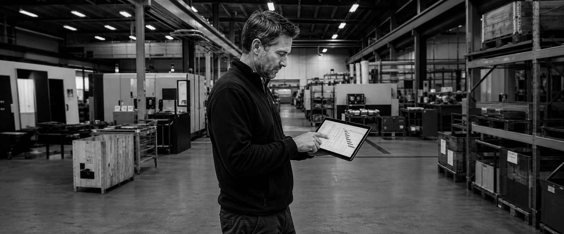 Prozessverantwortlicher steuert Abläufe in einer Produktionsumgebung mit einem Tablet