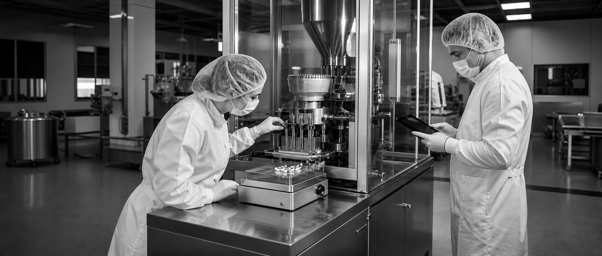 Fachkräfte kontrollieren eine Kapselabfüllmaschine und dokumentieren die Ergebnisse